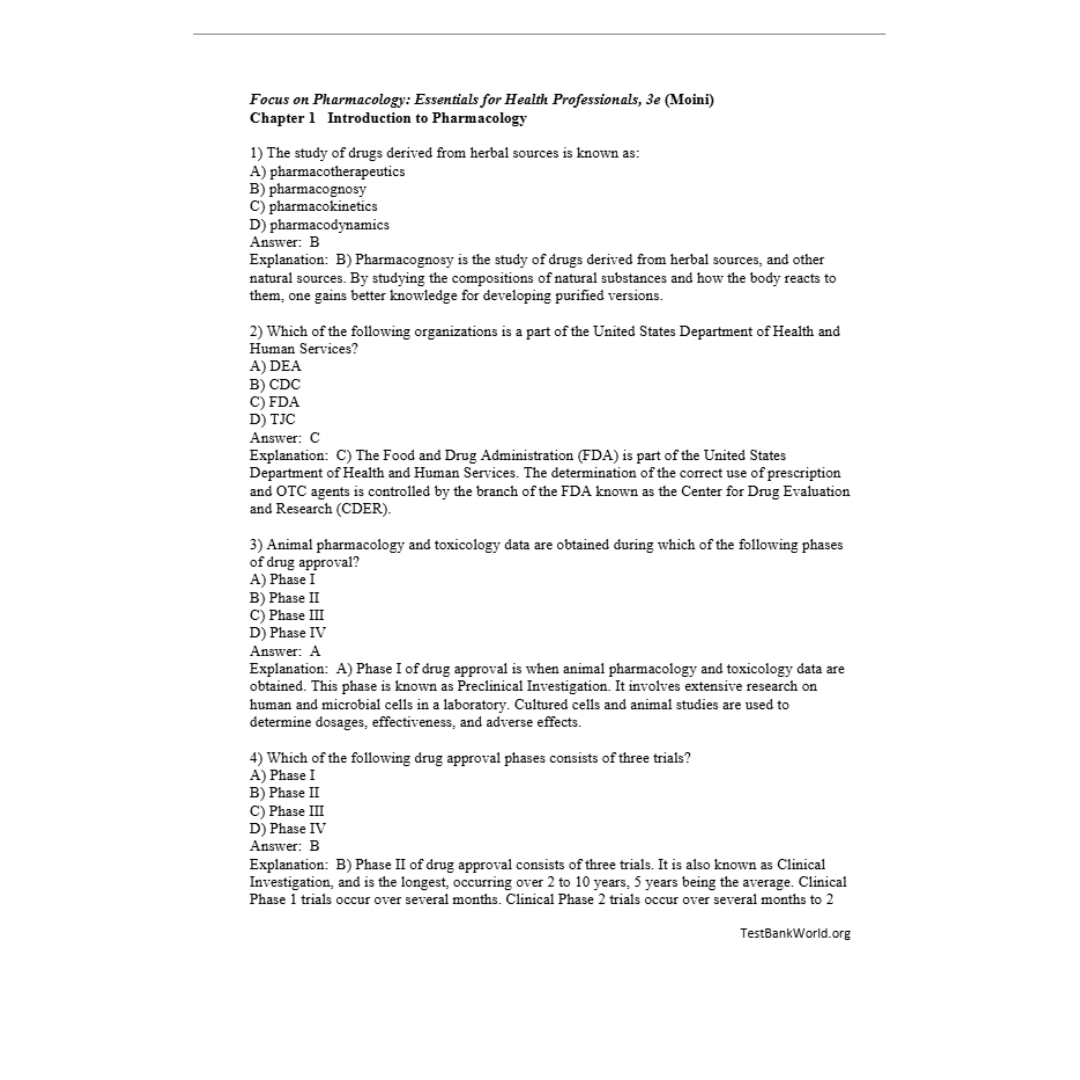 Test Bank For Focus on Pharmacology Essentials for Health Professionals 3rd Edition By Moini-Tutelor