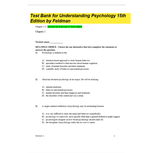 Test Bank For Understanding Psychology 15th Edition By Feldman-Tutelor