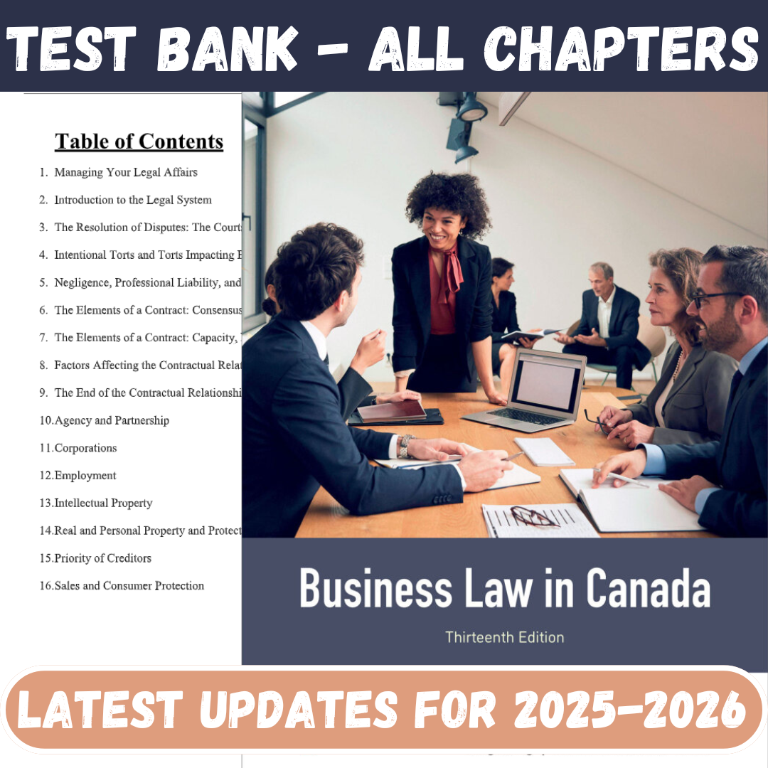 Test Bank For Business Law in Canada 13th Edition By Yates-Tutelor