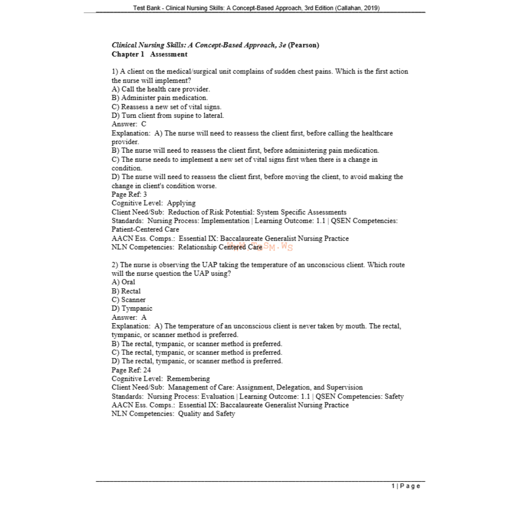 Test Bank For Clinical Nursing Skills A Concept-Based Approach, 3rd Edition By Callahan-Tutelor