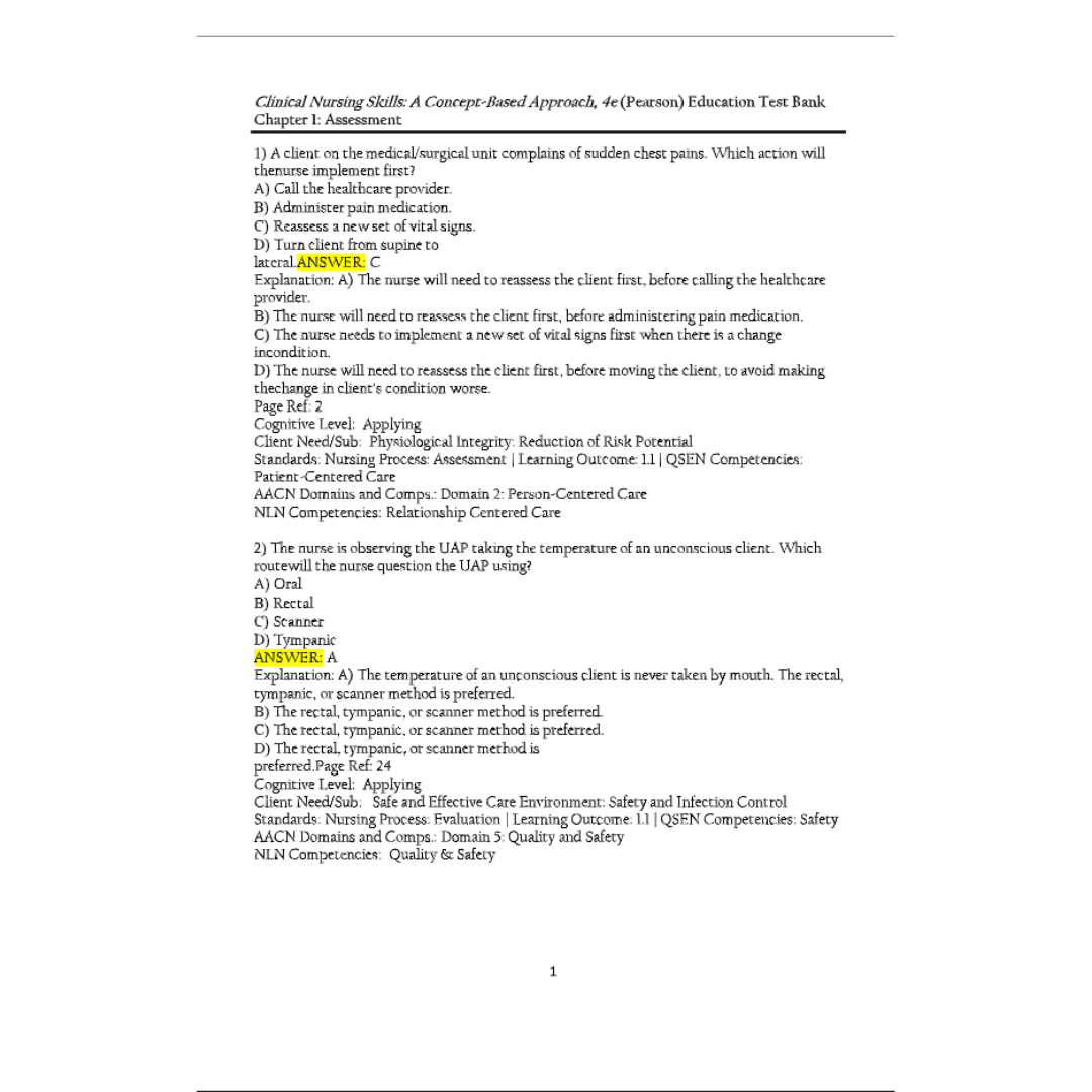 Test Bank For Clinical Nursing Skills A Concept-Based Approach, Volume 3 4th Edition By Callahan-Tutelor