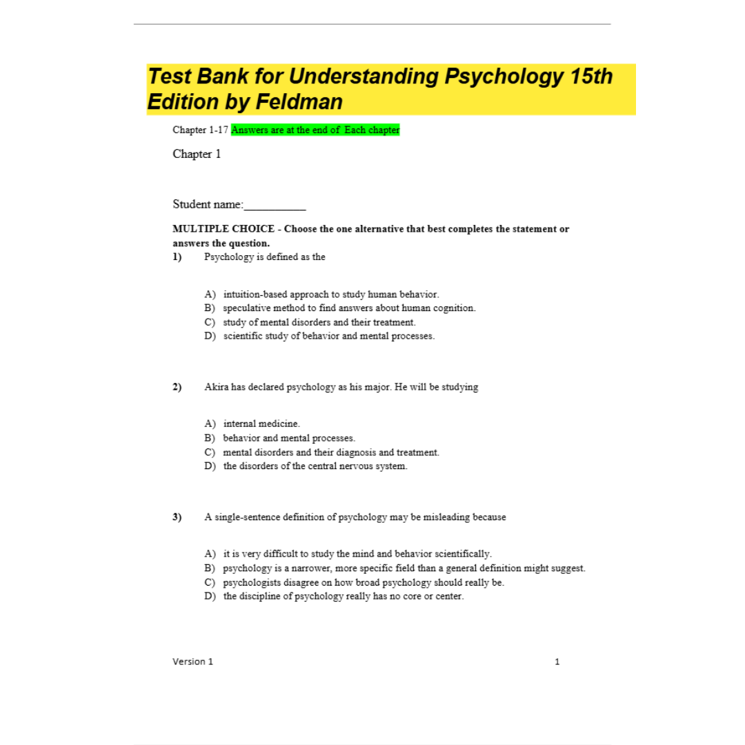 Test Bank For Understanding Psychology 15th Edition By Feldman-Tutelor