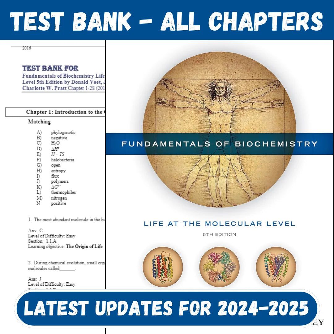 Test Bank for Fundamentals of Biochemistry Life at the Molecular Level 5th Edition by Voet-Tutelor