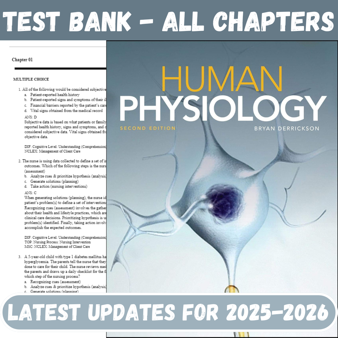 Test Bank for Human Physiology, 2nd Edition by Derrickson-Tutelor